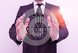 Writing note showing Top Secret. Business photo showcasing protected by a high degree of secrecy Highly confidential