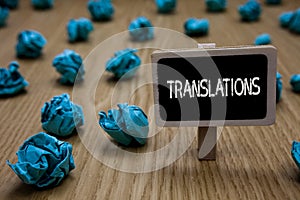 Writing note showing Translations. Business photo showcasing Written or printed process of translating words text voice Cyan paper photo
