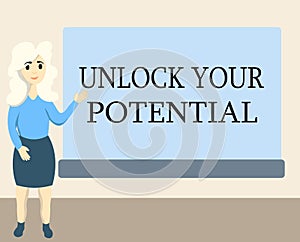 Writing note showing Unlock Your Potential question. Business photo showcasing Maximize your Ability Use God given gift