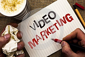 Writing note showing Video Marketing. Business photo showcasing Media Advertising Multimedia Promotion Digital Strategy written b photo