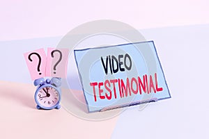 Writing note showing Video Testimonial. Business photo showcasing a statement testifying to benefits received in video