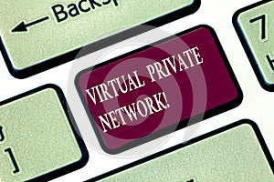 Writing note showing Virtual Private Network. Business photo showcasing network that is constructed using public wires