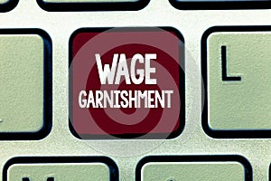 Writing note showing Wage Garnishment. Business photo showcasing Deducting money from compensation ordered by the court