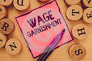 Writing note showing Wage Garnishment. Business photo showcasing Deducting money from compensation ordered by the court