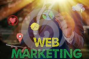 Writing note showing Web Marketing. Business photo showcasing Electronic commerce Advertising through internet Online seller