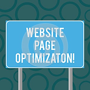 Writing note showing Website Page Optimization. Business photo showcasing Increase its search engine visibility and reach Blank