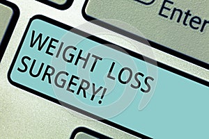 Writing note showing Weight Loss Surgery. Business photo showcasing do on stomach intestines to help demonstrating