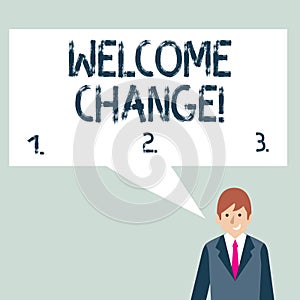 Writing note showing Welcome Change. Business photo showcasing to accept with pleasure the occurrence Longawaited change