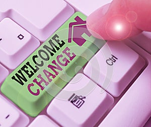 Writing note showing Welcome Change. Business photo showcasing to accept with pleasure the occurrence Longawaited change photo