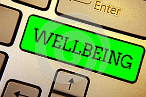 Writing note showing Wellbeing. Business photo showcasing A good or satisfactory condition of existence including health Keyboard