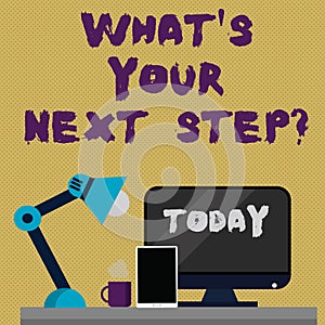 Writing note showing What S Your Next Stepquestion. Business photo showcasing Analyse ask yourself before taking