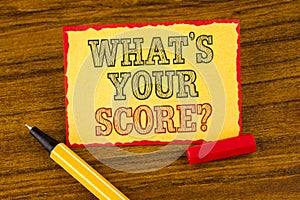 Writing note showing What Is Your Score Question. Business photo showcasing Tell Personal Individual Rating Average Results writt