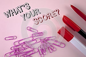 Writing note showing What Is Your Score Question. Business photo showcasing Tell Personal Individual Rating Average Results writt