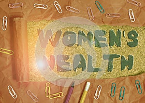 Writing note showing Women S Is Health. Business photo showcasing the health issues specific to huanalysis anatomy Stationary and