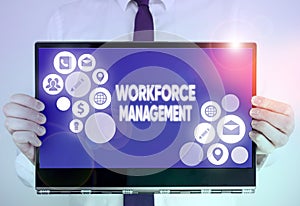 Writing note showing Workforce Management. Business photo showcasing use to optimize the productivity of its employees.
