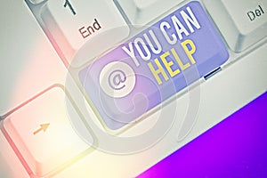 Writing note showing You Can Help. Business photo showcasing do something official or concerted achieve aim with problem