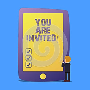 Writing note showing You Are Invited. Business photo showcasing Receiving and invitation for an event Join us to