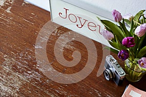 Writing in notebook tulips and camera decoration