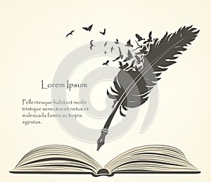 Old feather with flying birds and open book