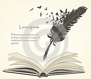 Old feather with flying birds and open book