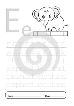 Writing practice letter E printable worksheet for preschool.Exercises for little children.Vector illustration