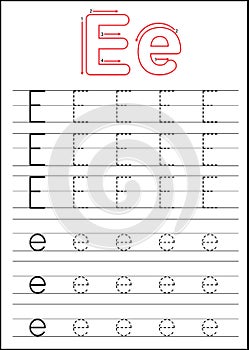 Writing practice letter E printable worksheet for preschool kindergarten kids to improve basic writing skills