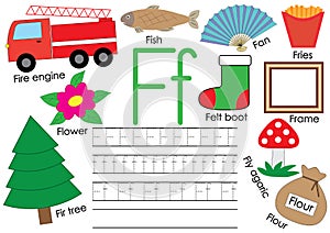 Writing practice of letter F. Learning English alphabet.