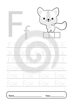 Writing practice letter F printable worksheet for preschool.Exercises for little children.Vector illustration