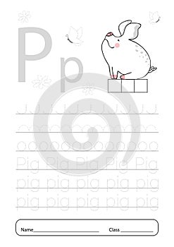 Writing practice letter P printable worksheet for preschool.Exercises for little children. Vector illustration