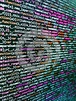 Writing program code on computer. HTML5 in editor for website development. Python programming developer code. Software developer