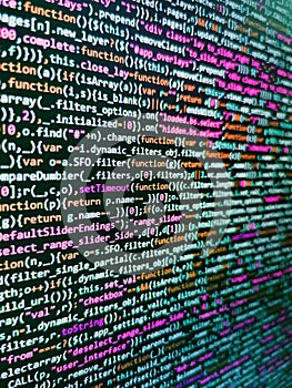 Writing program code on computer. HTML5 in editor for website development. Python programming developer code. Software developer