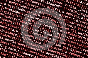 Writing programming code on laptop. Digital binary data on computer screen