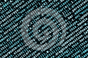 Writing programming code on laptop. Digital binary data on computer screen