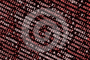 Writing programming code on laptop. Digital binary data on computer screen