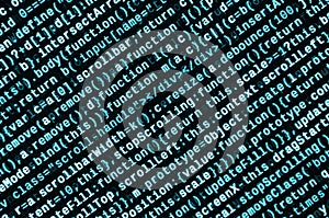 Writing programming code on laptop. Digital binary data on computer screen