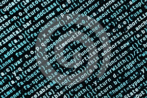 Writing programming code on laptop. Digital binary data on computer screen