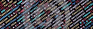 Writing programming code on laptop. Digital binary data on computer screen