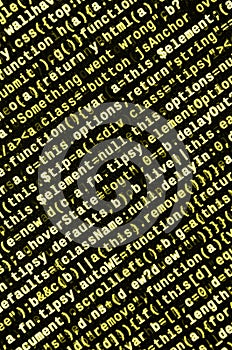 Writing programming code on laptop. Digital binary data on computer screen
