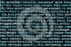 Writing programming code on laptop. Digital binary data on computer screen