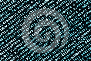 Writing programming code on laptop. Digital binary data on computer screen