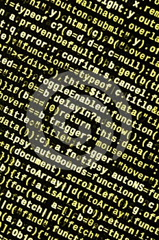 Writing programming code on laptop. Digital binary data on computer screen