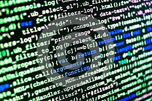 Writing programming code on laptop.