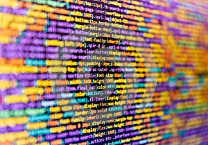 Writing programming functions on laptop. Programmer developer screen. Application web source code on monitor. Computer script