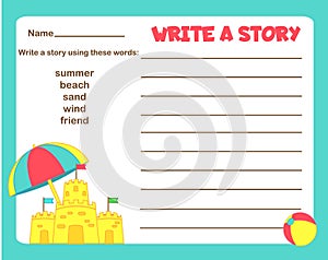 Writing prompt for kids blank. Educational children page. Develop fantasy and writing stories skills. Summer holidays theme