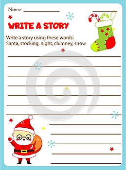 Writing prompt for kids blank. Educational children page. Develop fantasy and writing stories skills. Christmas and New year photo