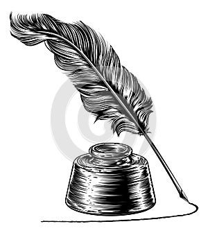 Writing Quill Feather Pen and Ink Well