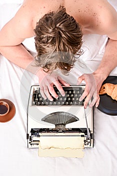 Writing routine. No day without chapter. Vintage typewriter concept. Man typing retro writing machine. Old typewriter on