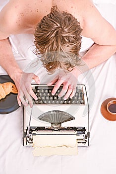 Writing routine. No day without chapter. Vintage typewriter concept. Man typing retro writing machine. Old typewriter on