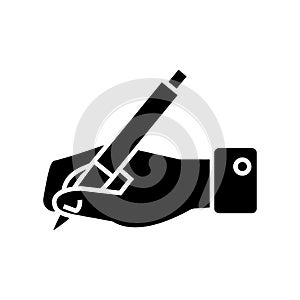 Writing - sign - hand with pen icon, vector illustration, black sign on isolated background