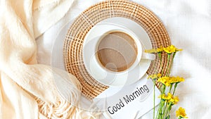 Writing Text Good Morning on notepad. Take Care for healthy life.